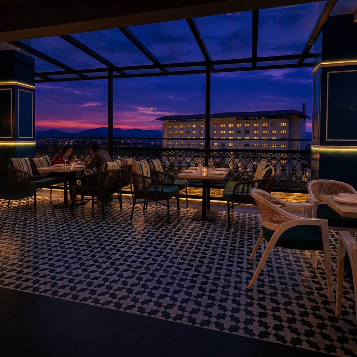 Mosaic floors on the evening terrace