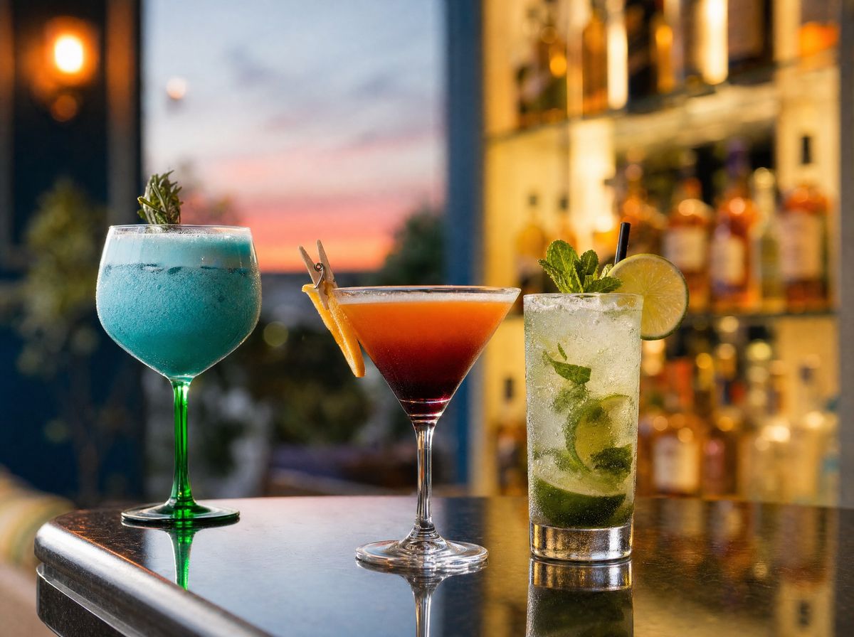 Craft cocktails and mocktails at the Levitate rooftop bar at dusk