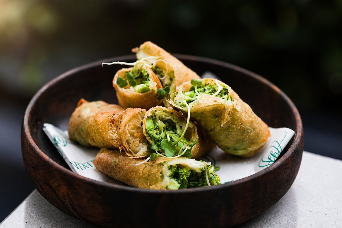 Broccoli & Cheese Crispy Rolls — plated at Levitate