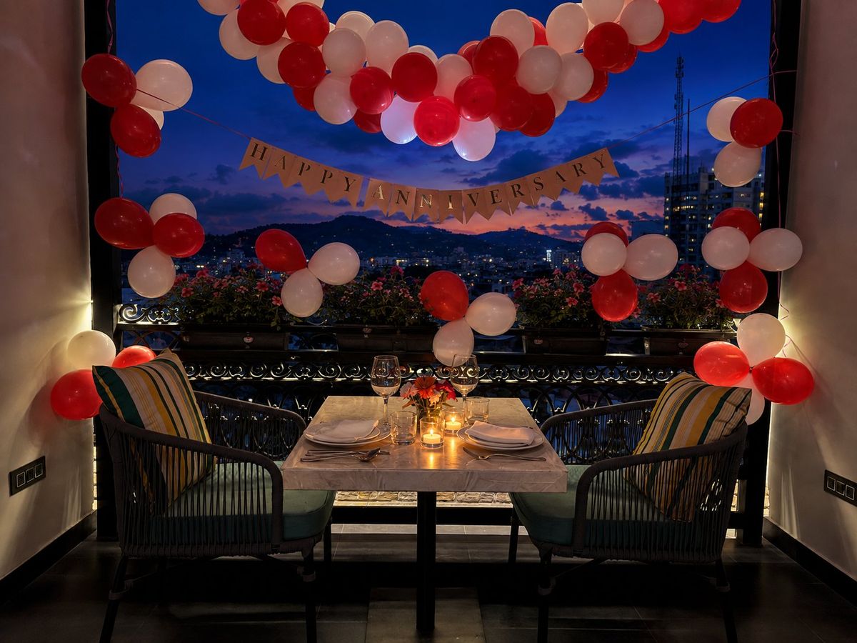 A celebration table set with décor on the Levitate rooftop