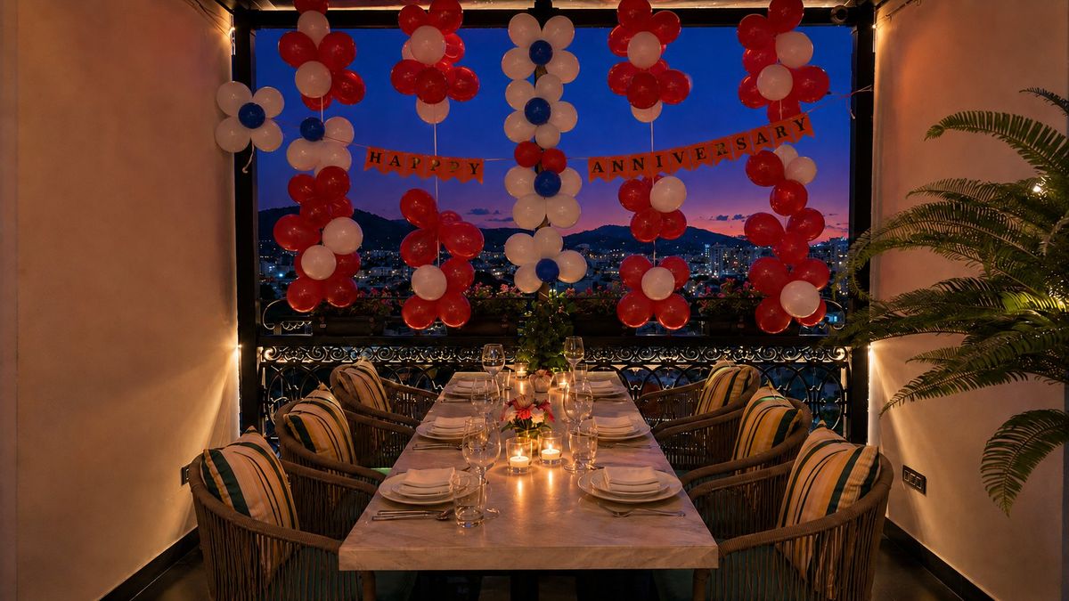 A decorated celebration table on the Levitate rooftop at dusk