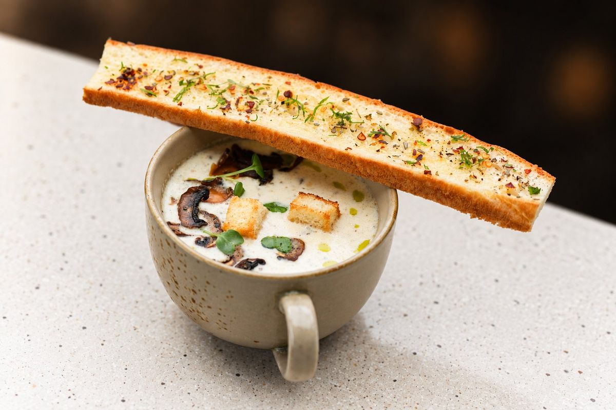 Creamy Chicken Mushroom Soup — plated at Levitate
