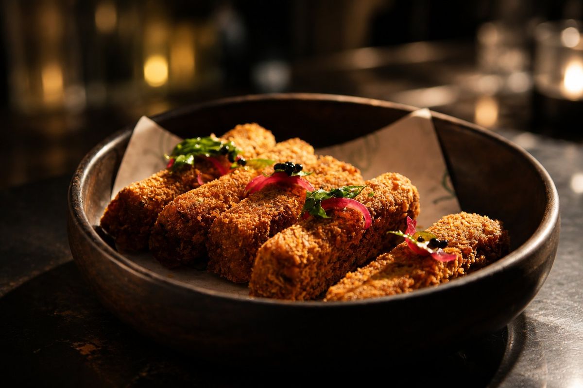 Curry Leaf Fish Fingers — plated at Levitate