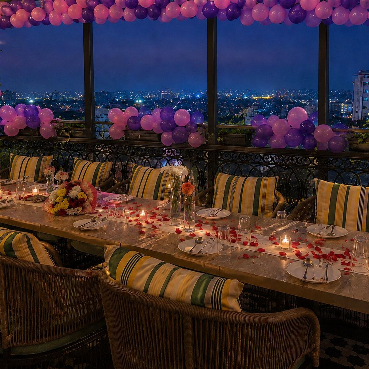 Balloon canopy over a long celebration table