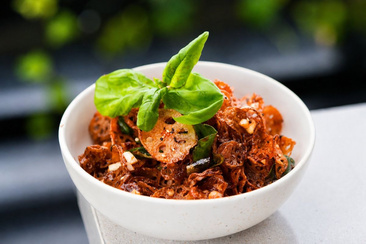Lotus Stem Wok Tossed in Thai Chilli Sauce — plated at Levitate