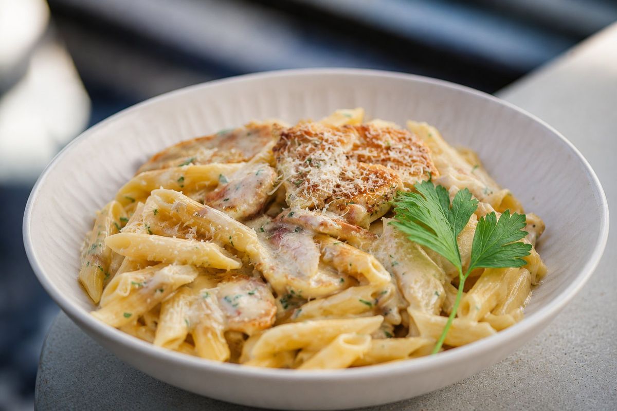 Penne Alfredo Chicken — plated at Levitate