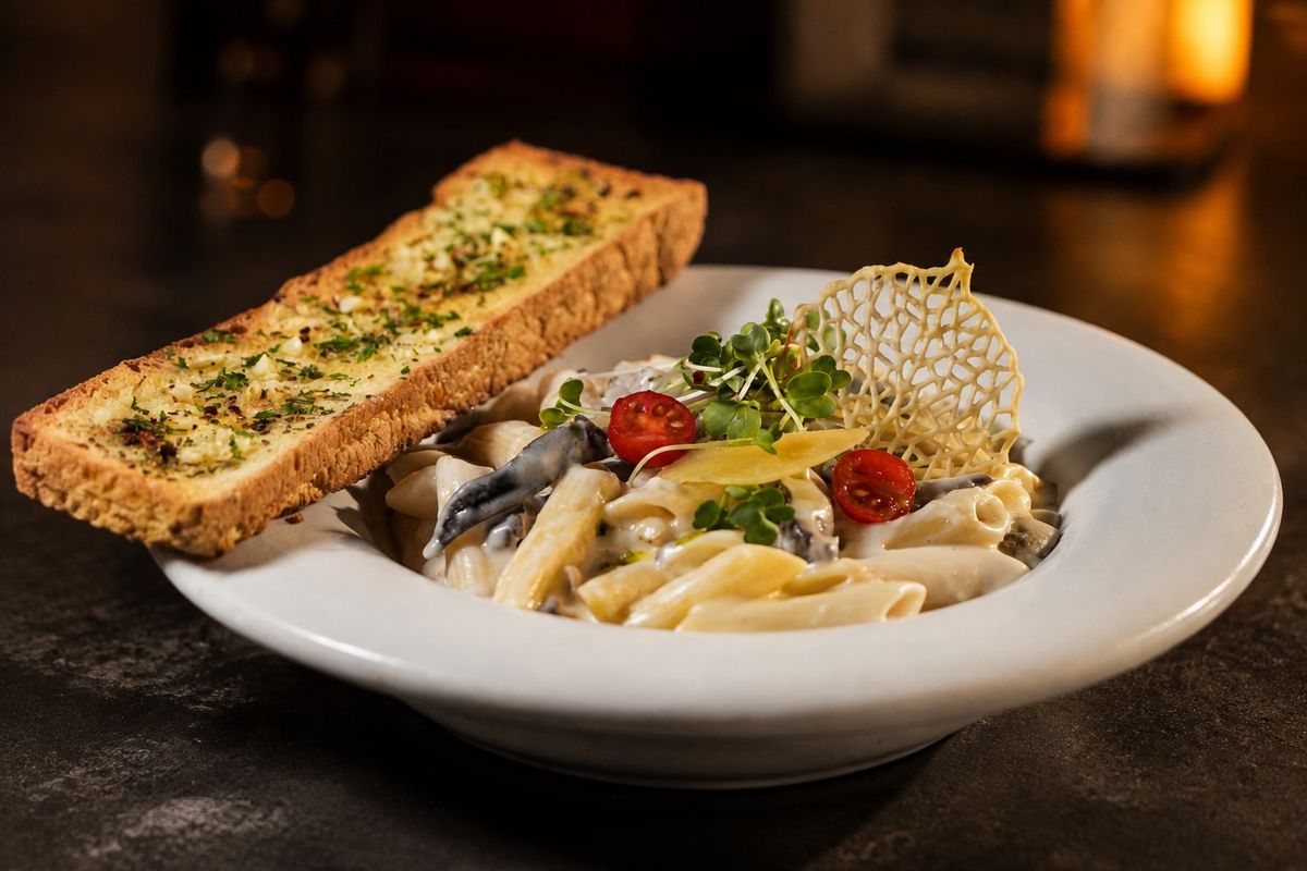 Penne Alfredo Vegetables Pasta — plated at Levitate