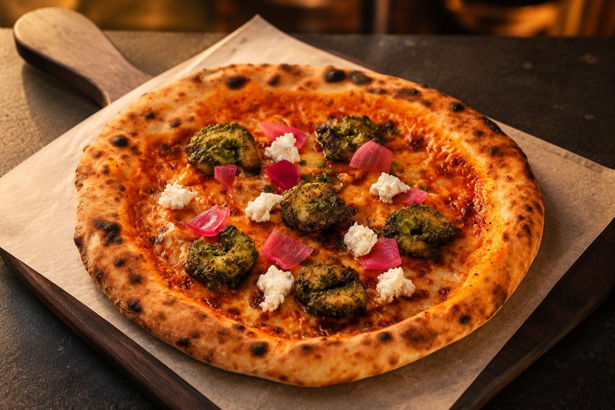 Pesto Shrimp Pizza — plated at Levitate