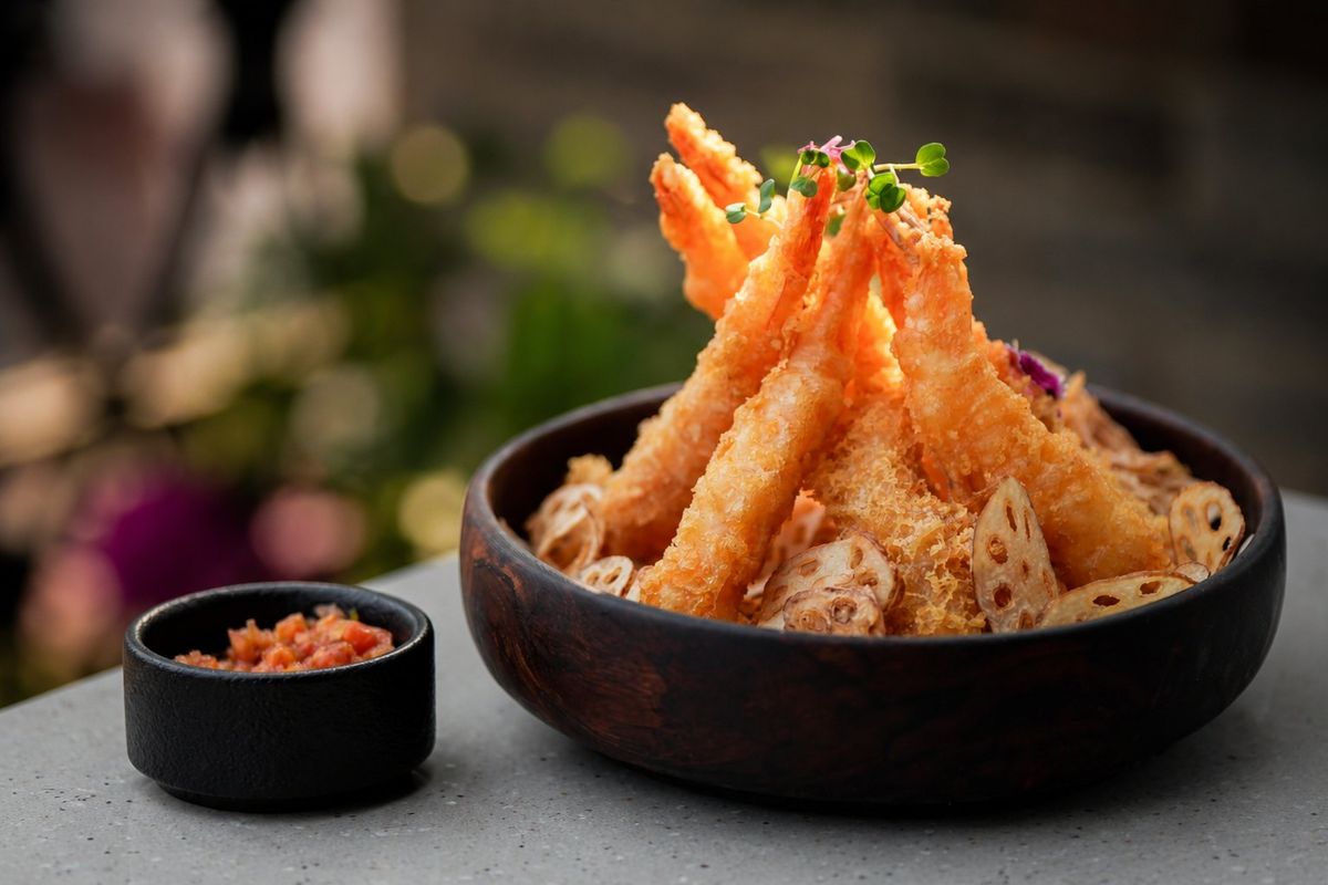 Prawn Tempura with Lotus Stem Chips and Roasted Pineapple Salsa — plated at Levitate