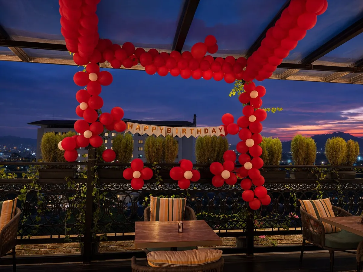 Premium décor — a birthday setup against the sunset