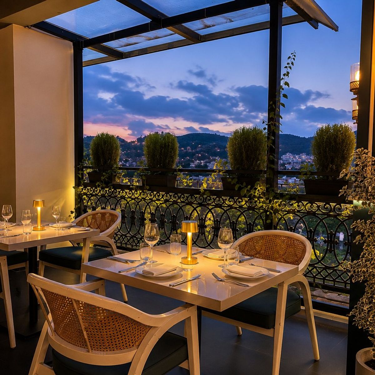 Terrace dining as the sun drops over the hills