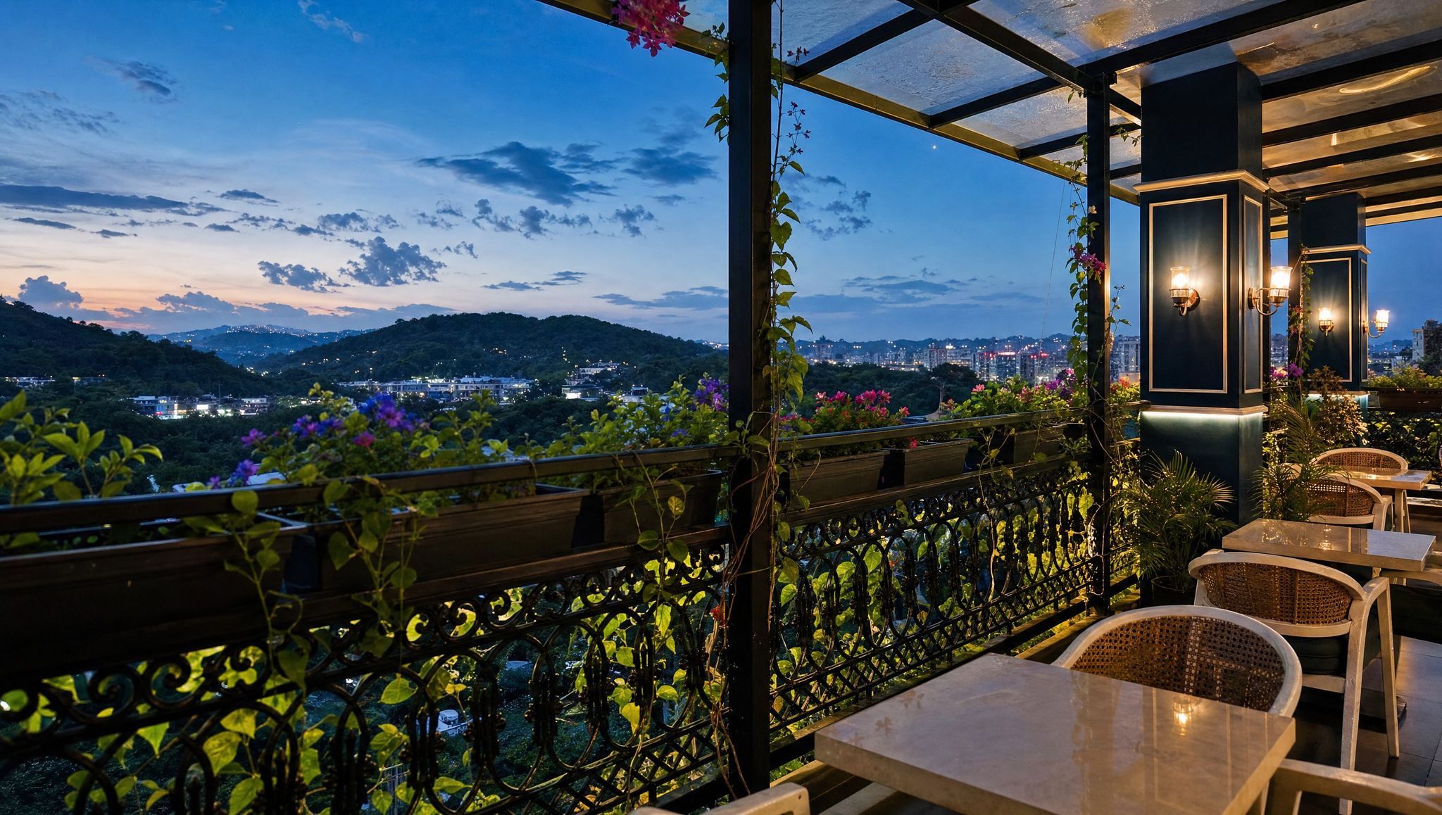 Panoramic view from the Levitate rooftop at dusk, Guwahati skyline and hills