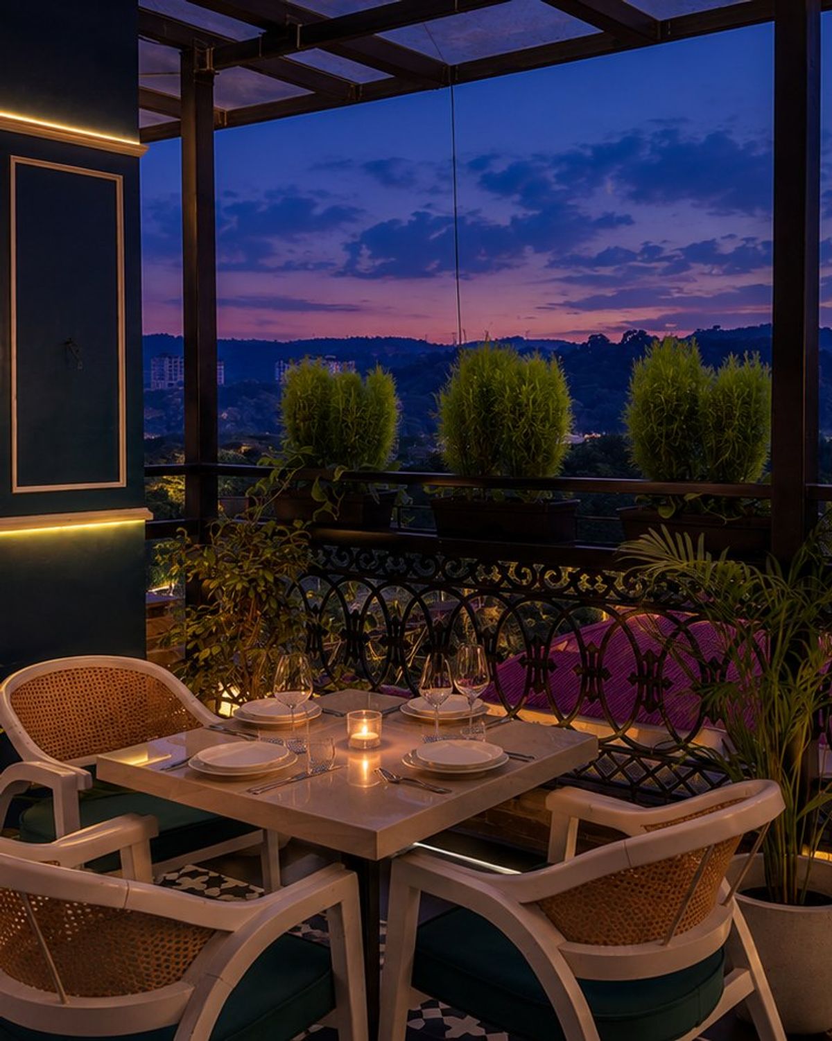 Open-air rooftop tables at Levitate