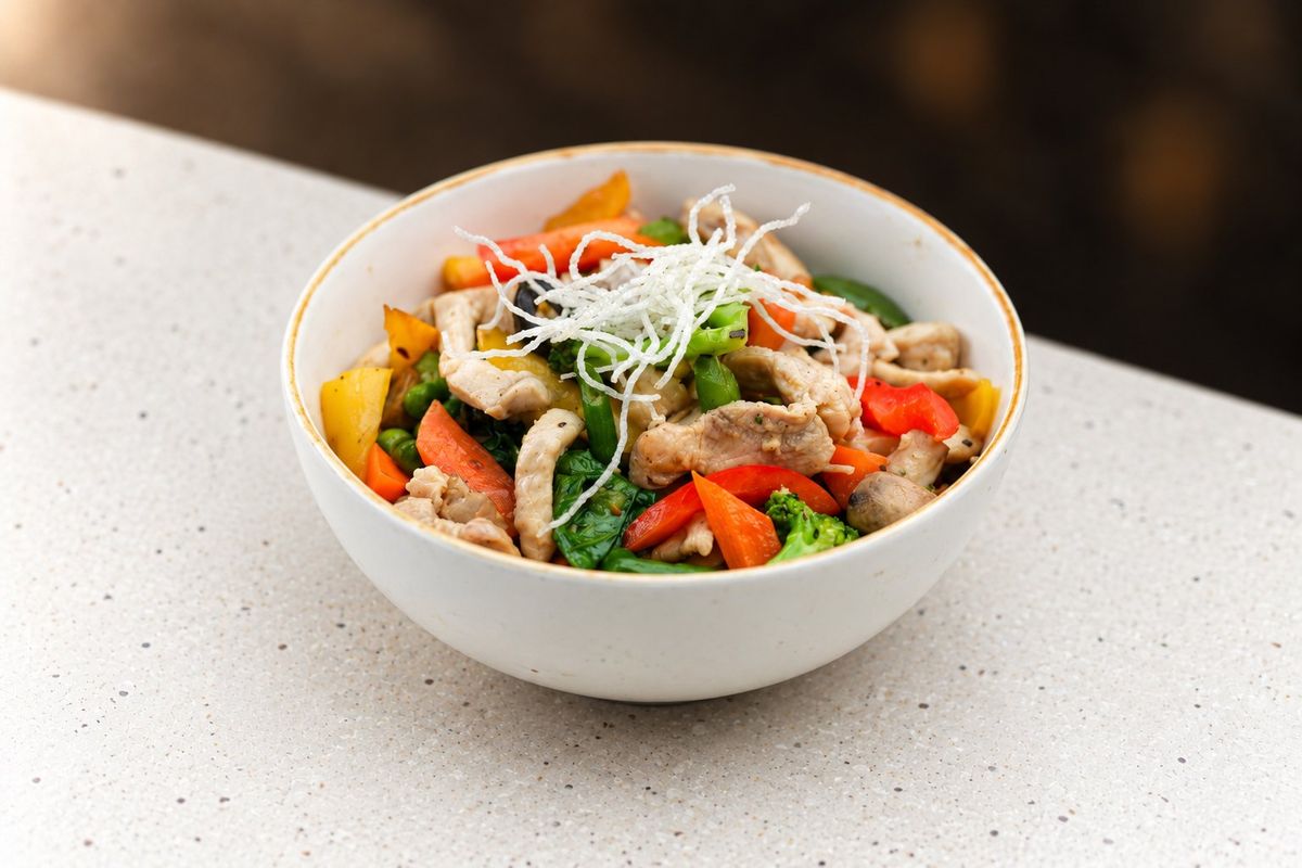 Sauteed Veg / Chicken — plated at Levitate