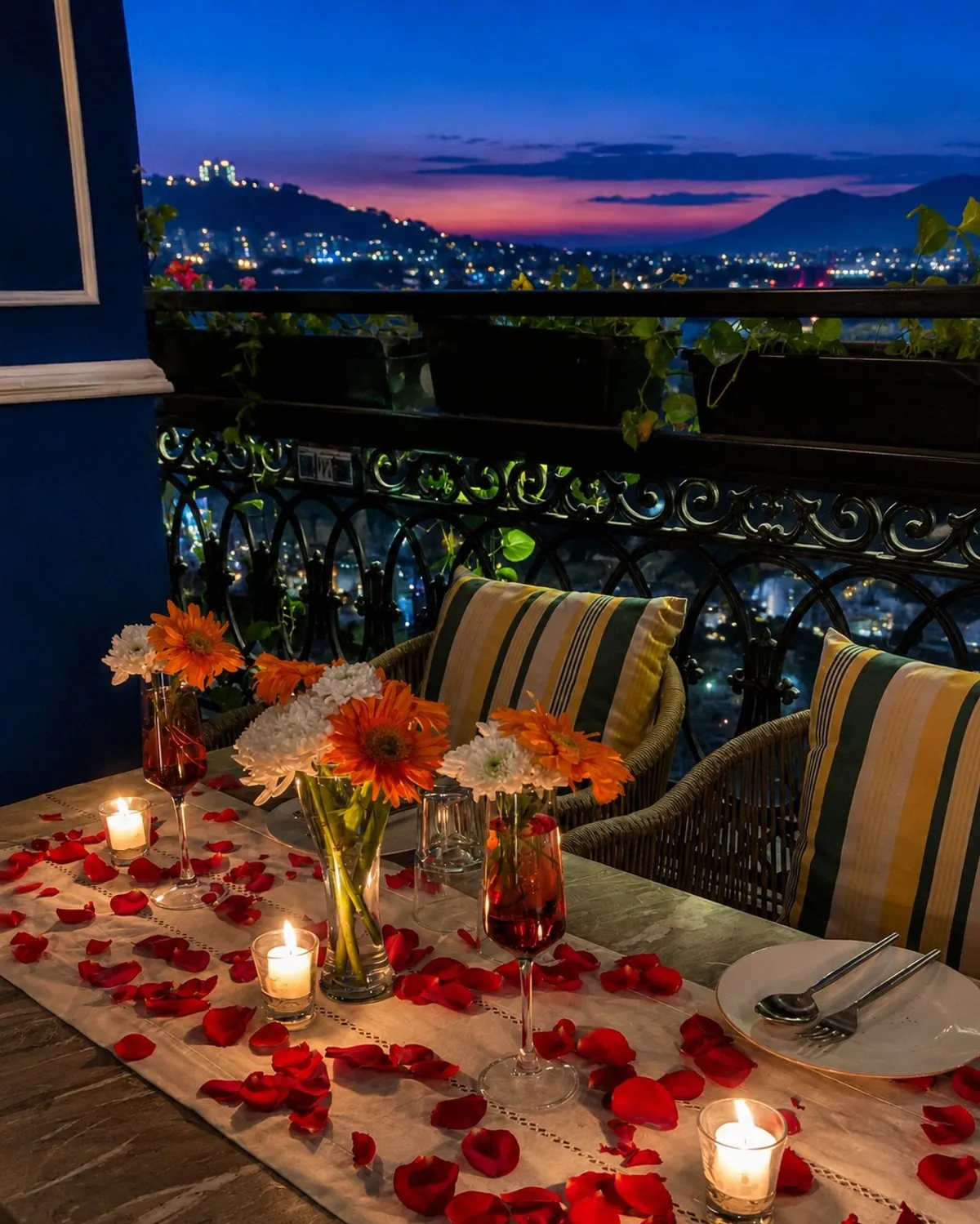 Table décor at blue hour — rose petals, candles and a flower vase