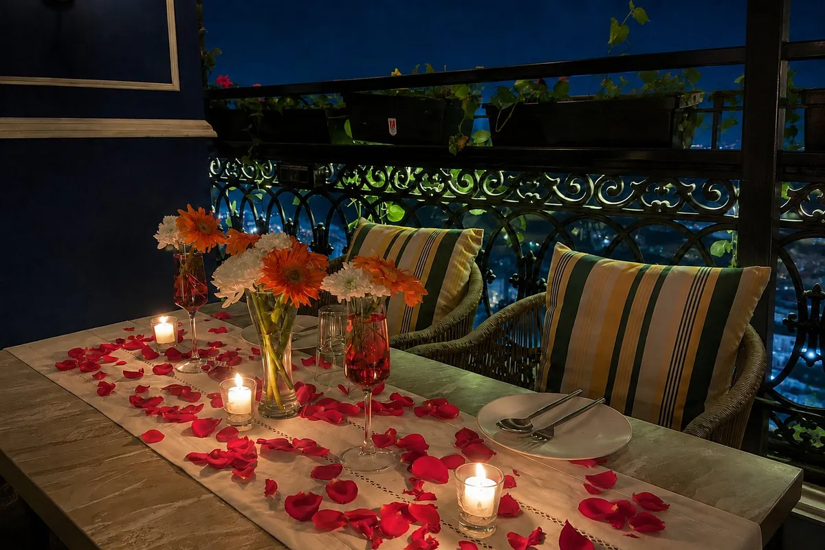 Table décor — petals and candles down the length of the table