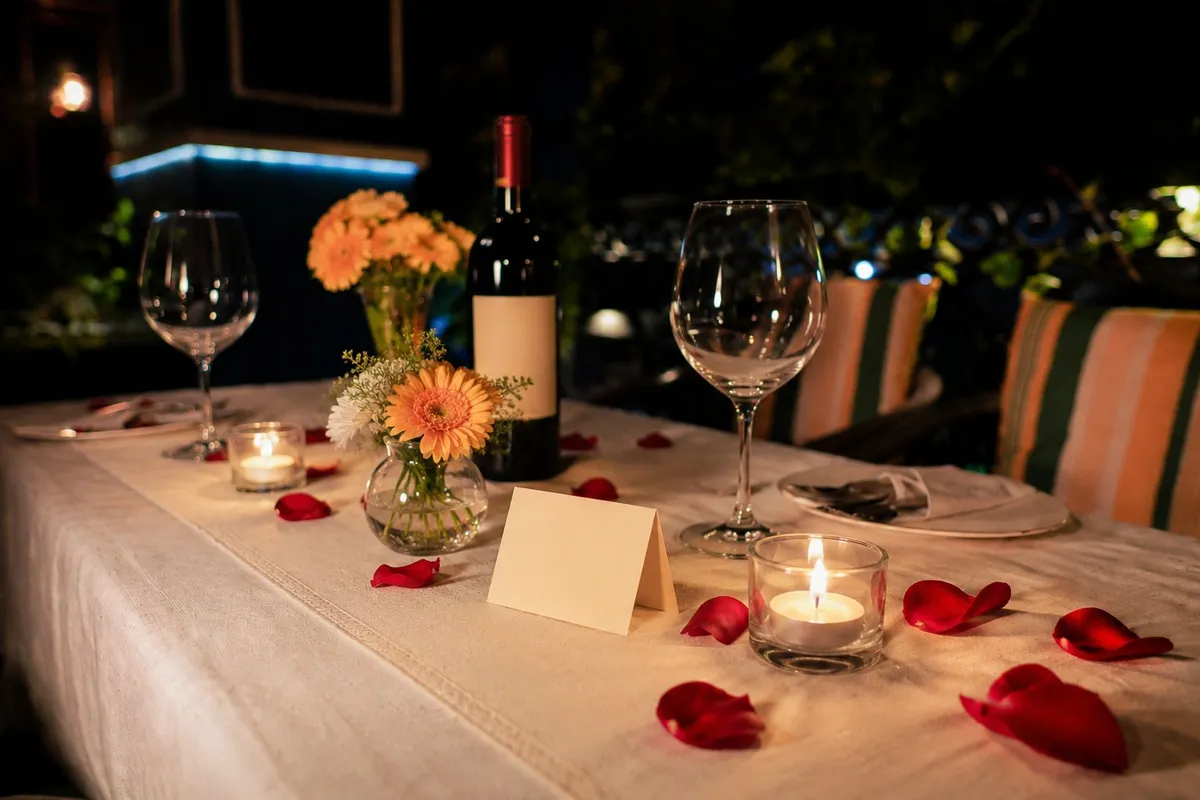 A formally set table with décor, wine and a place card